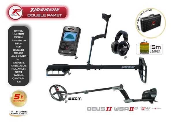 Xtrem Hunter Dedektör-22cm FMF Başlık DEUS 2 Ana Kontrol Ünitesi ve WSA2XL Kulaklık (Double Paket)