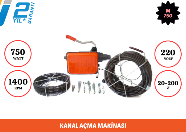 Mole M750 Kanal Açma Makinası + 16/22Mm Spiral Ve Uç Seti